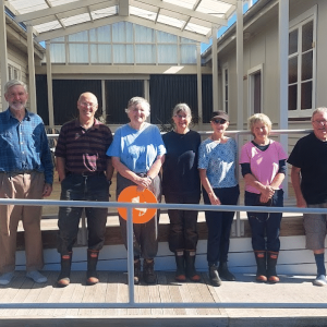 The team left to right – Norm Magnall, Terry Parminter, Helen Bathurst, Irene Parminter, Elizabeth McGruddy, Harriet and Mike Stone